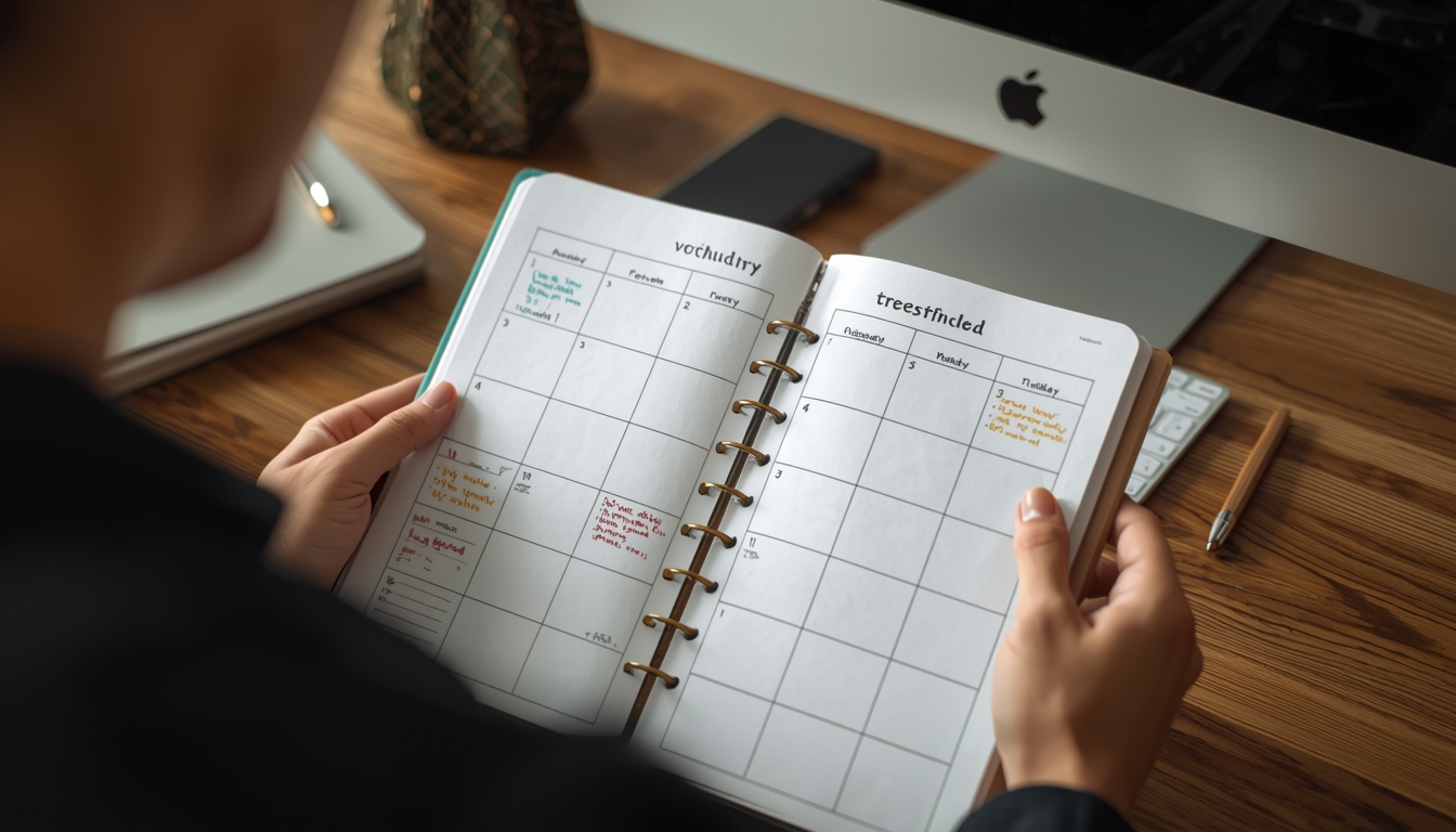 Person reviewing a daily planner with a structured block schedule — showing the Flowstead planning process