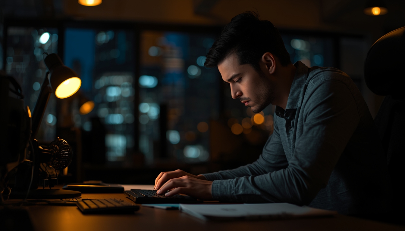 A person in deep concentration working at a desk with warm light — illustrating focused flow state work
