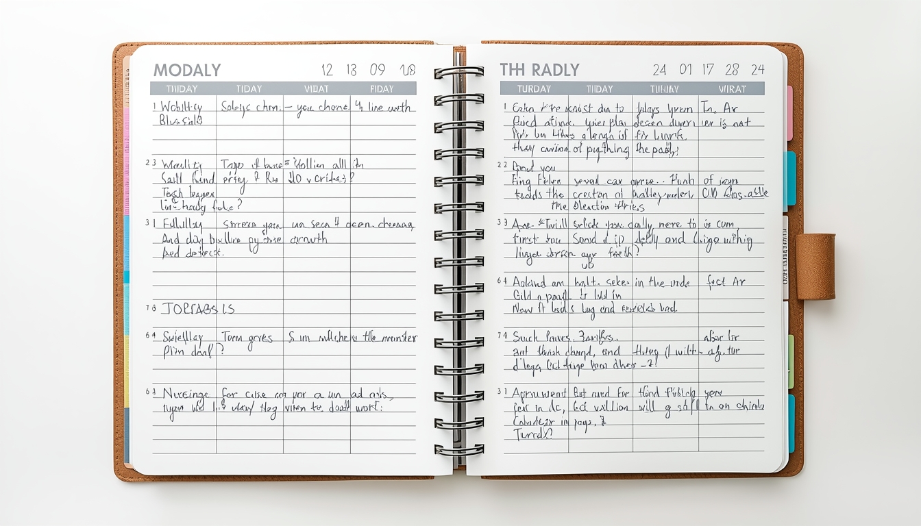 An open planner showing three clearly written daily tasks alongside a structured weekly schedule